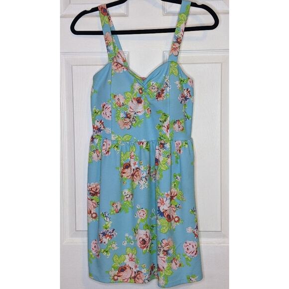 No Boundaries Spring Blue Pink Floral Roses Padded Juniors Strap Dress L 11-13 - Picture 3 of 16